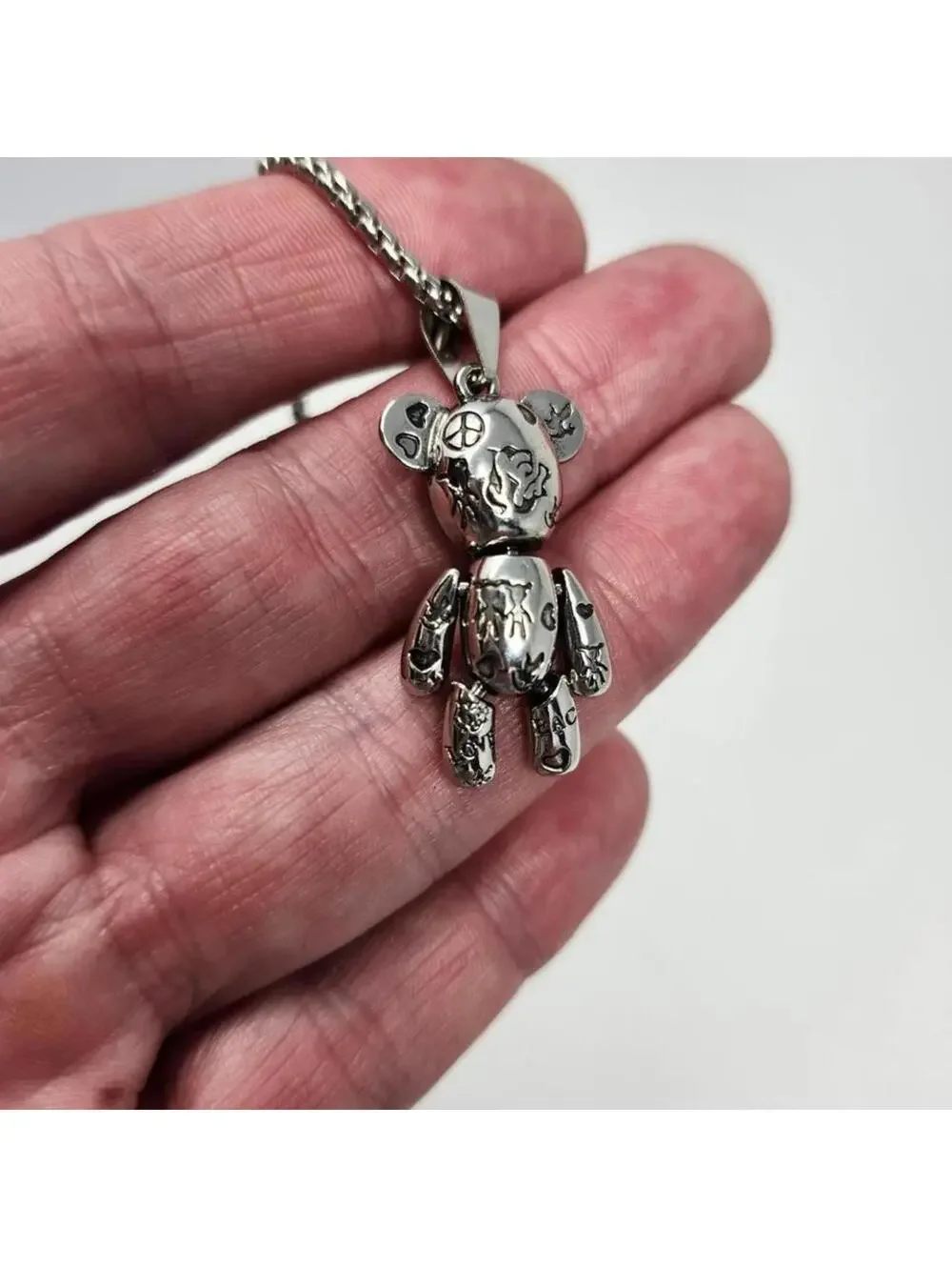 Silver Tone Bear Pendant Necklace 1.77 Inch Charm Ball Chain Graffiti